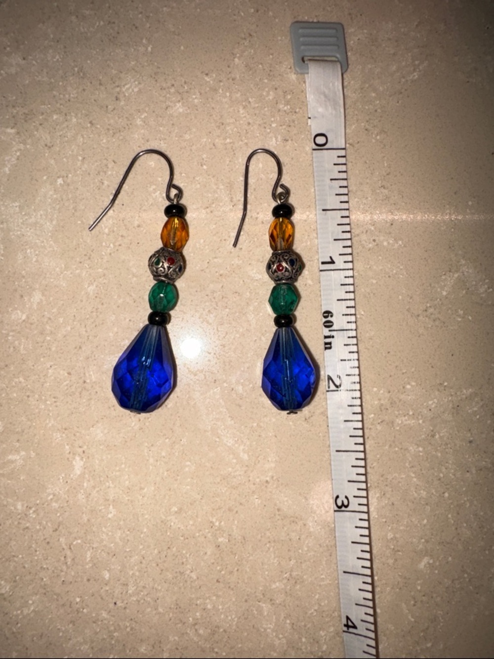 Multi-Color Drop Bead Earrings - Blue, Green & Amber